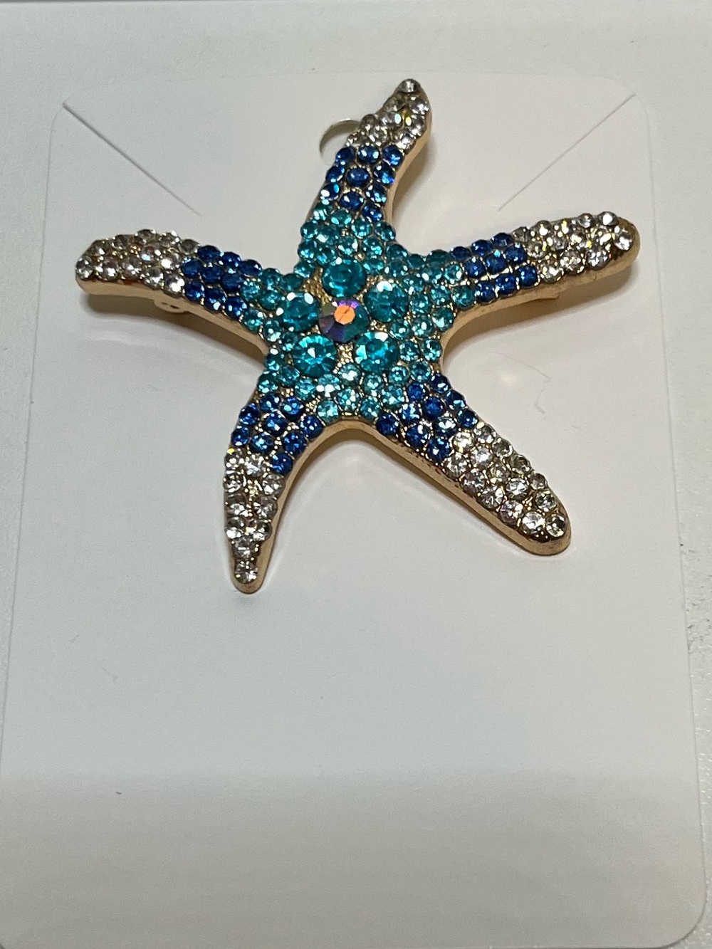 Blue Aqua Clear Crystal Starfish Brooch Pin Goldtone Beach